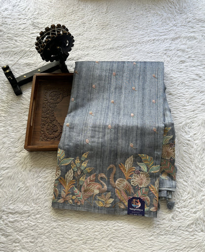 Semi Tussar Saree Ink Blue Colored Elegantly Paired with a Borderless. - Sampradaya Designer Studio