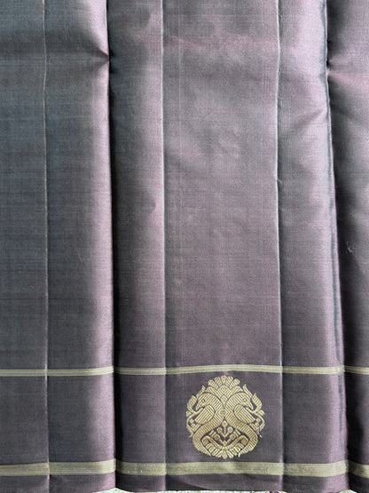 Brown Green Pure Kanjivaram Silk Saree | Gap Border With Peacock Butta | Handloom | Silk Mark Certified