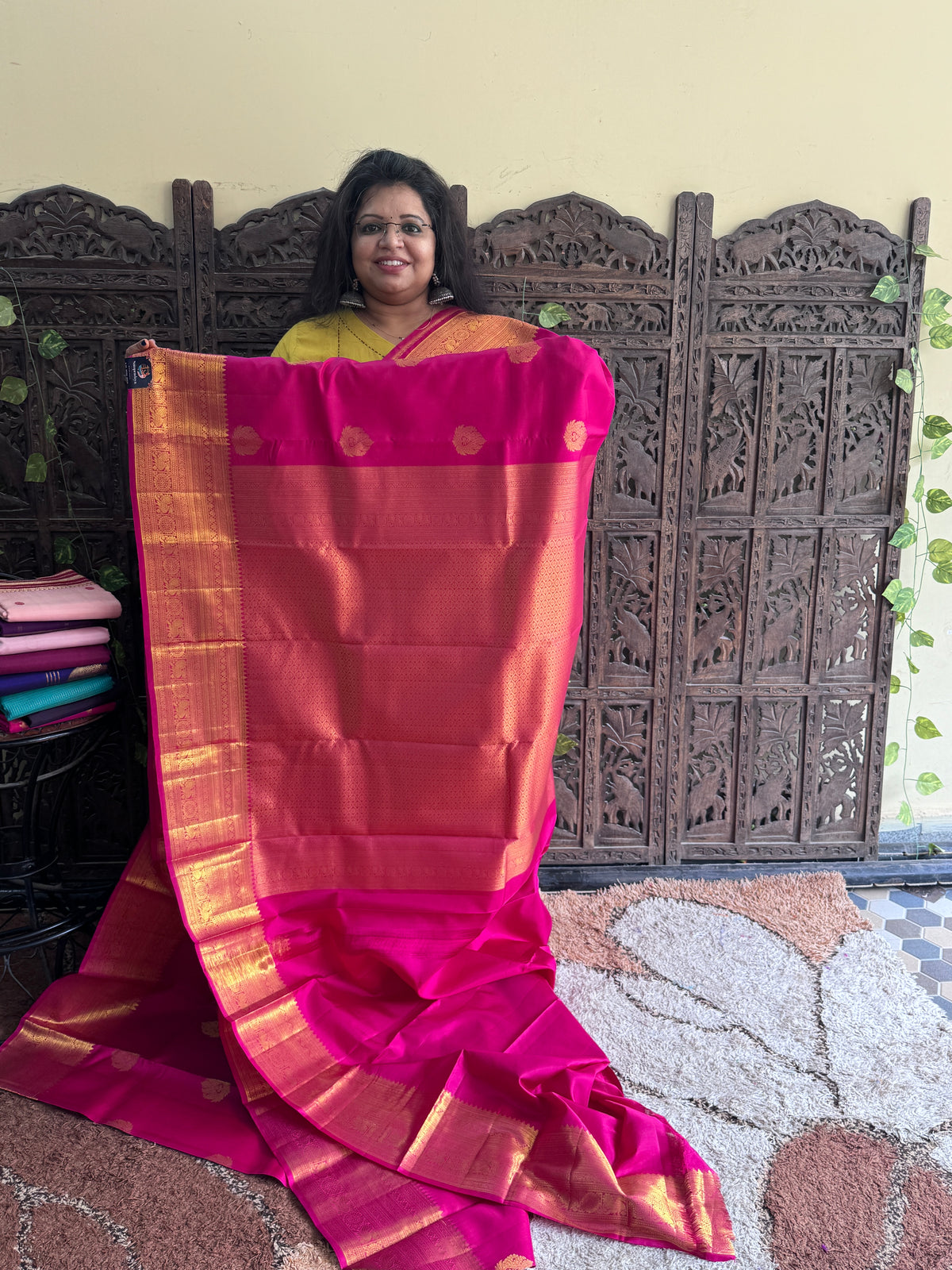 Pure Kanjivaram Silk Saree | Rani Pink With Gold Zari Border | Handloom | Silk Mark Certified