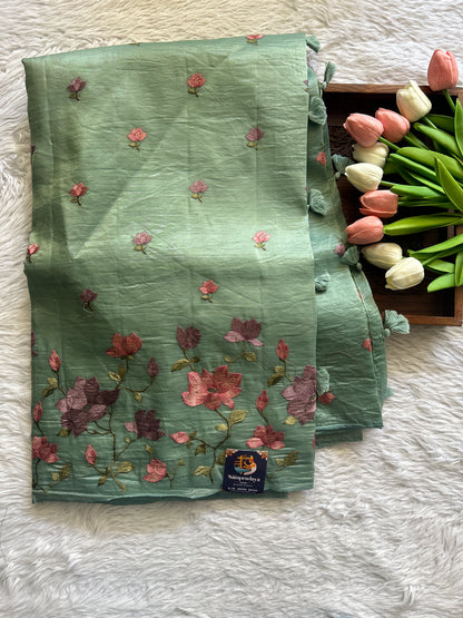 Inox Silk Saree Light Green Colored Complemented with a Machine Embroidery Border. - Sampradaya Designer Studio