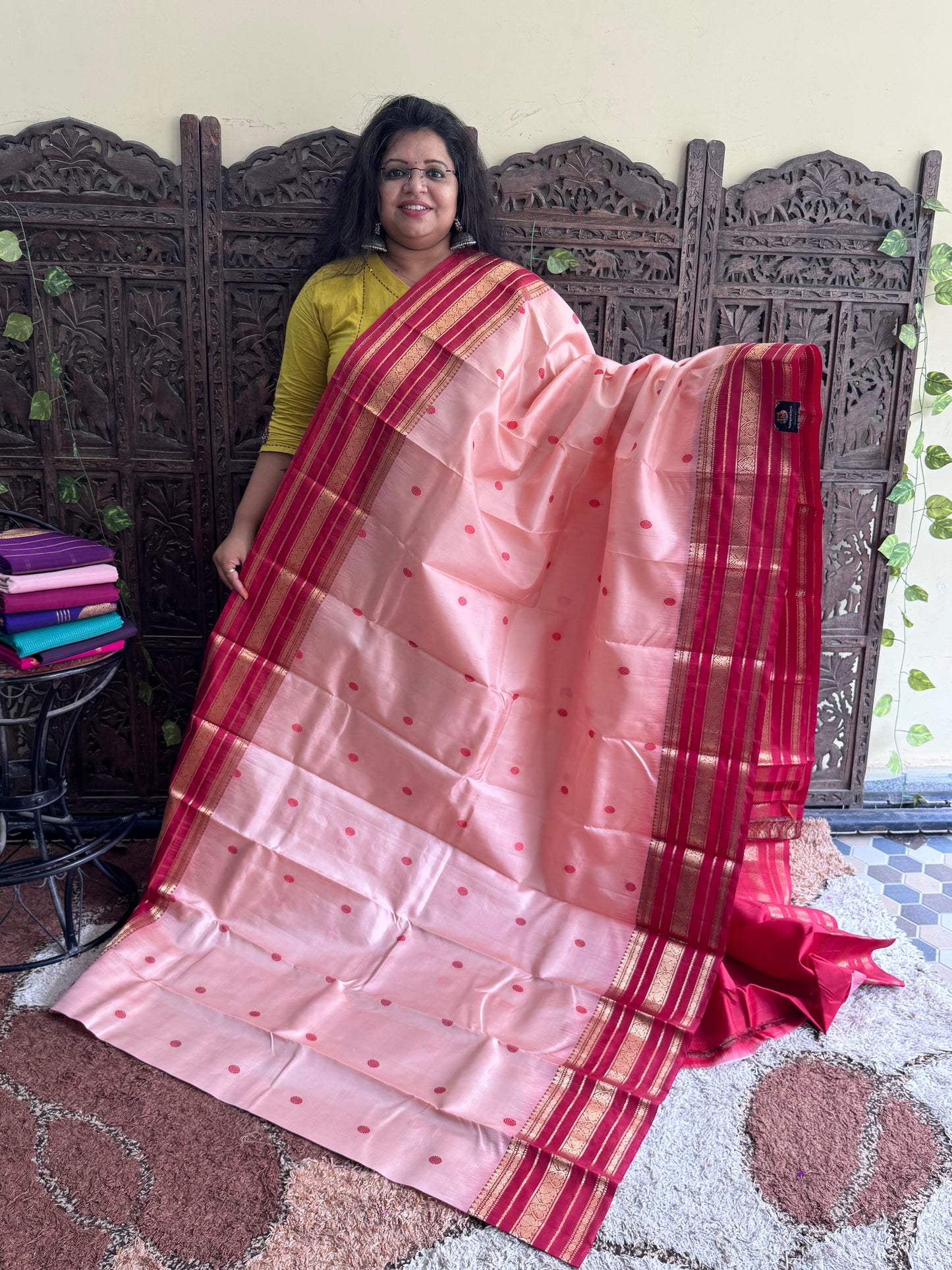 Pure Kanjivaram Silk Saree | Peach With Gold Zari Border | Handloom | Silk Mark Certified