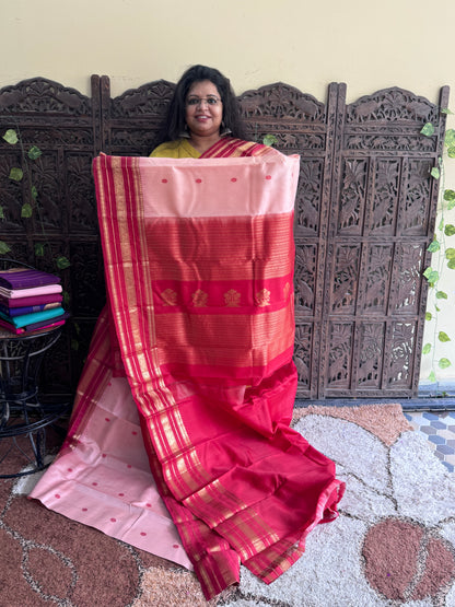 Pure Kanjivaram Silk Saree | Peach With Gold Zari Border | Handloom | Silk Mark Certified