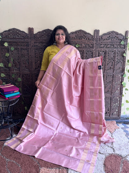 Peach Green Pure Kanjivaram Silk Saree | Gap Border With Peacock Butta | Handloom | Silk Mark Certified (Copy)