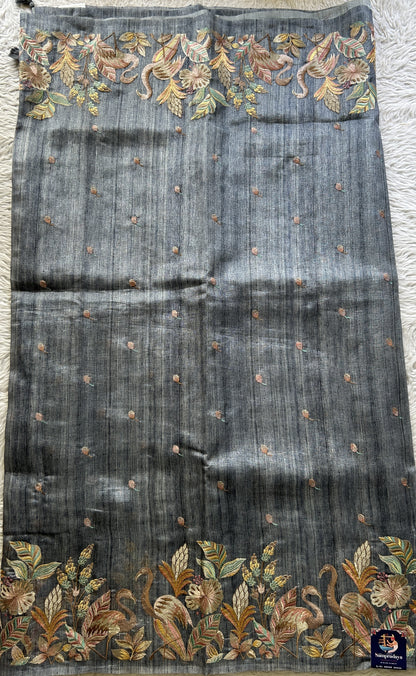 Semi Tussar Saree Ink Blue Colored Elegantly Paired with a Borderless. - Sampradaya Designer Studio