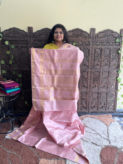 Peach Green Pure Kanjivaram Silk Saree | Gap Border With Peacock Butta | Handloom | Silk Mark Certified (Copy)