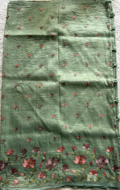 Inox Silk Saree Light Green Colored Complemented with a Machine Embroidery Border. - Sampradaya Designer Studio