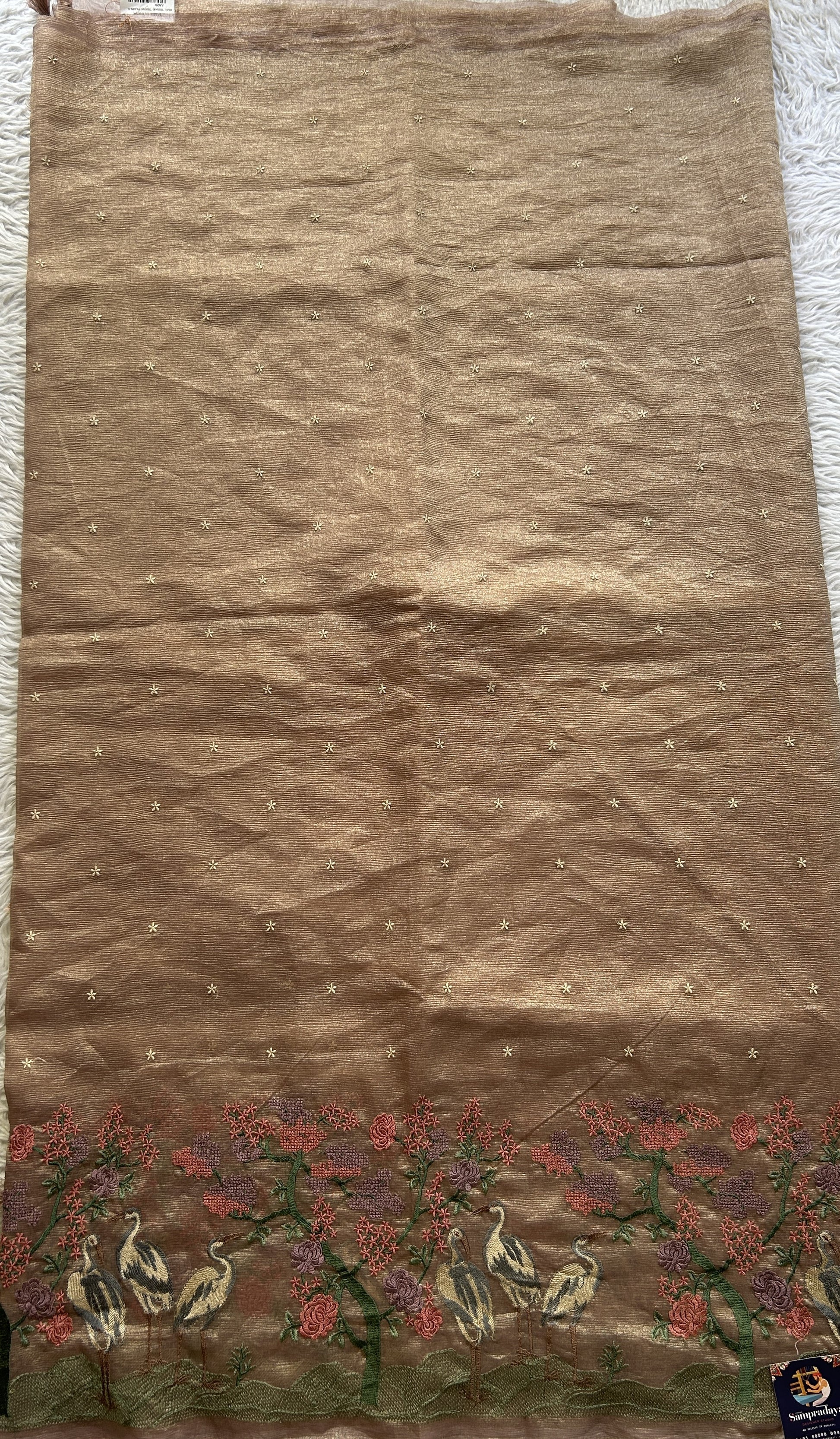 Banarasi Fancy Crushed Saree Chickoo Colored Complemented with a Borderless. - Sampradaya Designer Studio