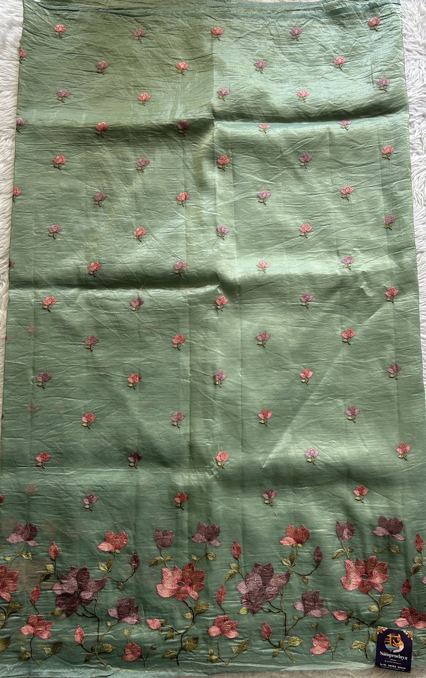 Inox Silk Saree Light Green Colored Complemented with a Machine Embroidery Border. - Sampradaya Designer Studio