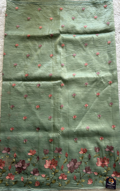 Inox Silk Saree Light Green Colored Complemented with a Machine Embroidery Border. - Sampradaya Designer Studio
