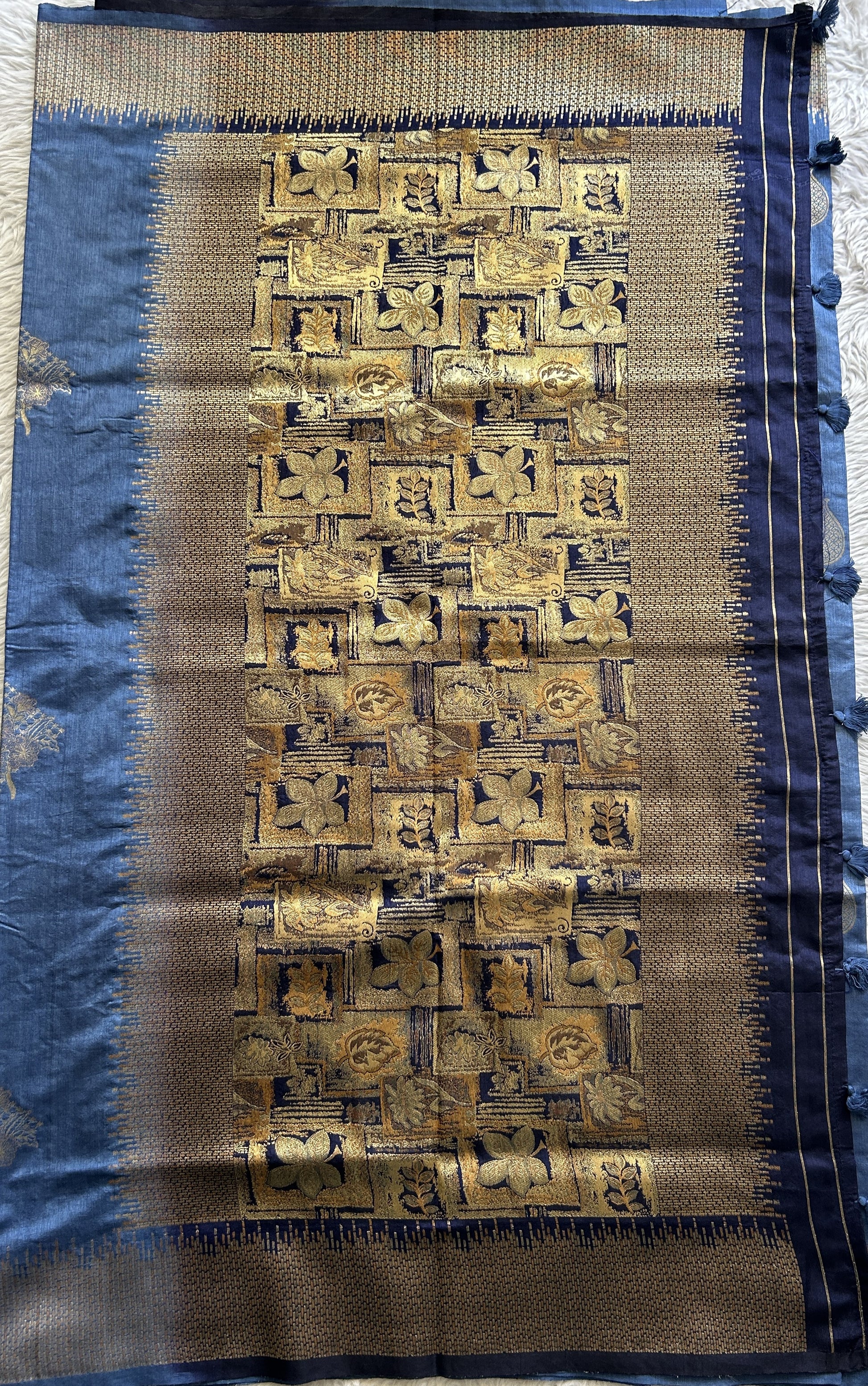Semi Raw Silk Saree Ink Blue Colored Complemented with a Zari Border. - Sampradaya Designer Studio