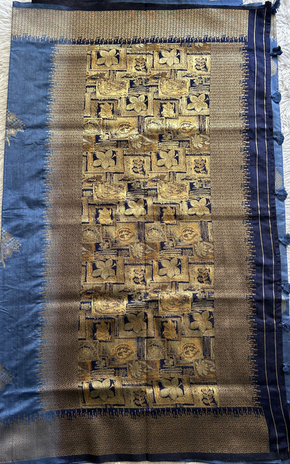 Semi Raw Silk Saree Ink Blue Colored Complemented with a Zari Border. - Sampradaya Designer Studio