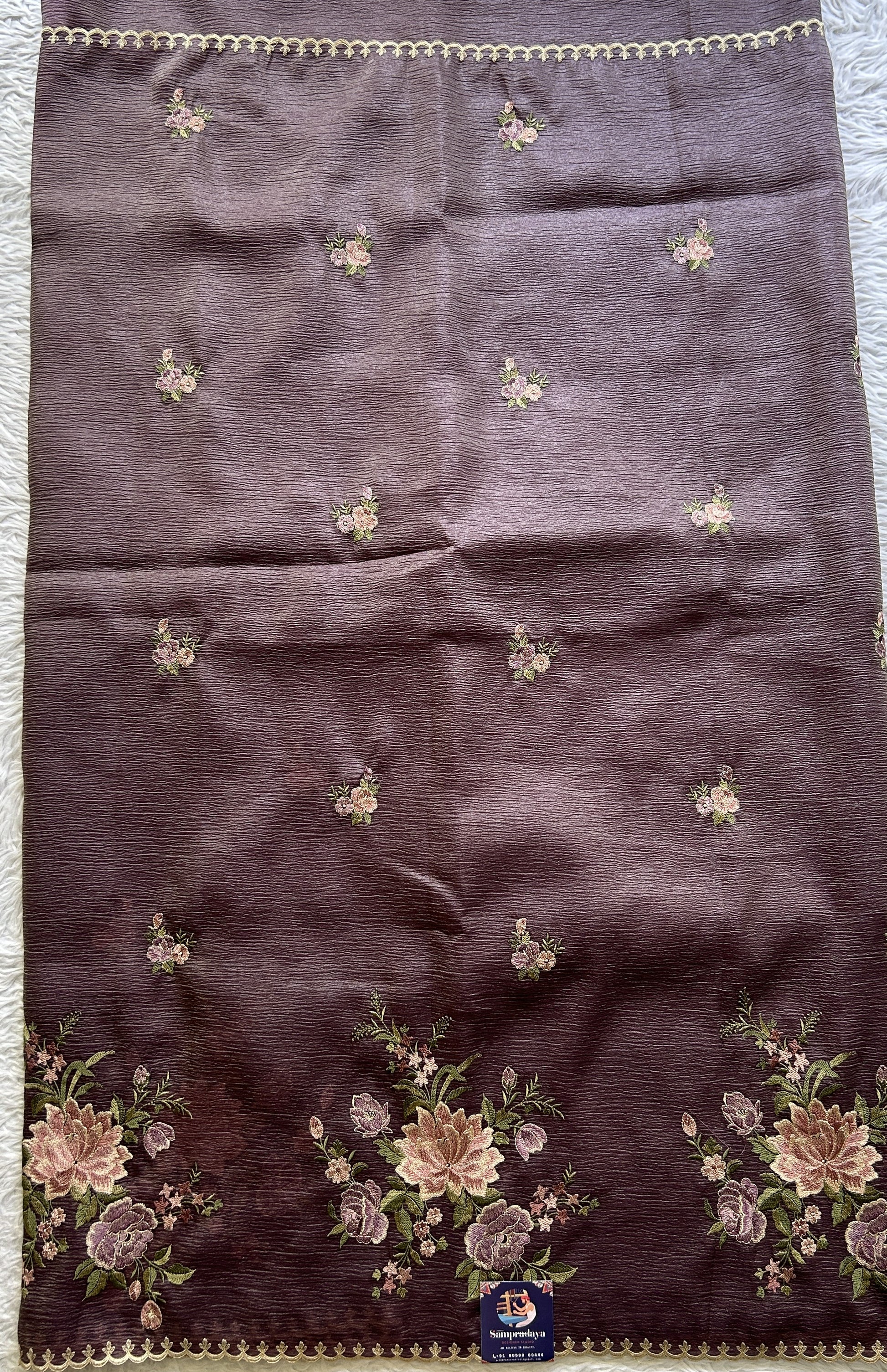 Banarasi Fancy Crushed Saree Dark Lavender Colored Complemented with a Borderless. - Sampradaya Designer Studio