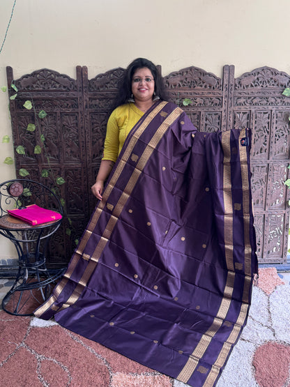 Brown Pure Kanjivaram Silk Saree | Gap Border With Peacock Butta | Handloom | Silk Mark Certified