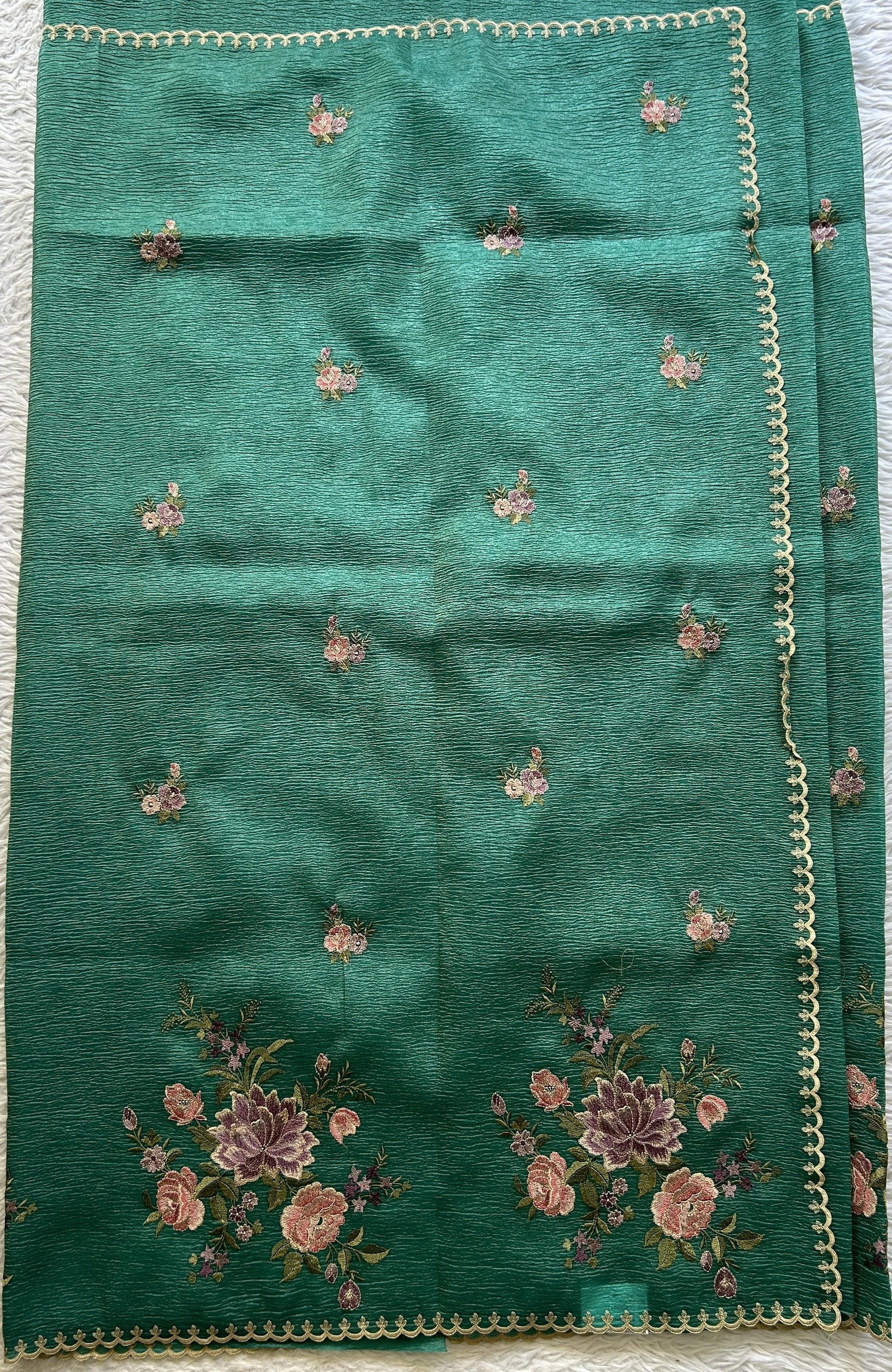 Banarasi Fancy Crushed Saree Bottle Green Colored Complemented with a Borderless. - Sampradaya Designer Studio