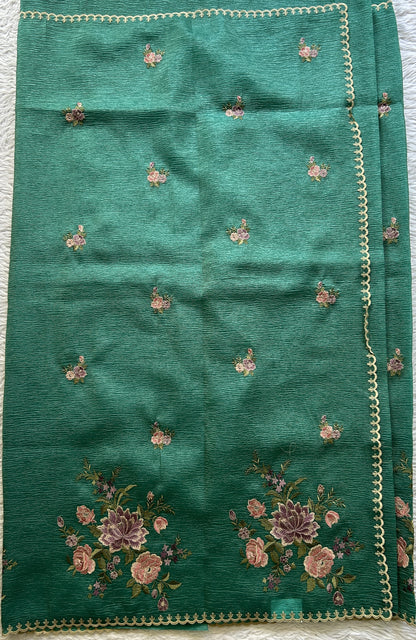 Banarasi Fancy Crushed Saree Bottle Green Colored Complemented with a Borderless. - Sampradaya Designer Studio
