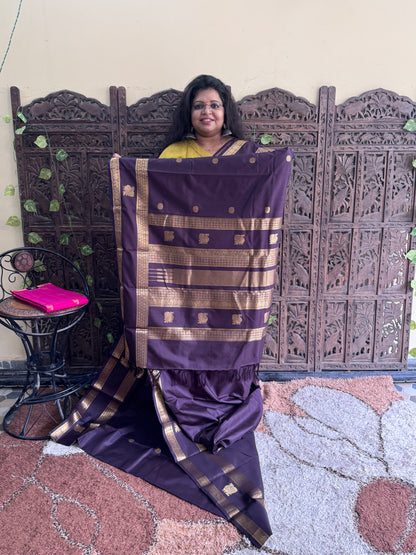 Brown Pure Kanjivaram Silk Saree | Gap Border With Peacock Butta | Handloom | Silk Mark Certified