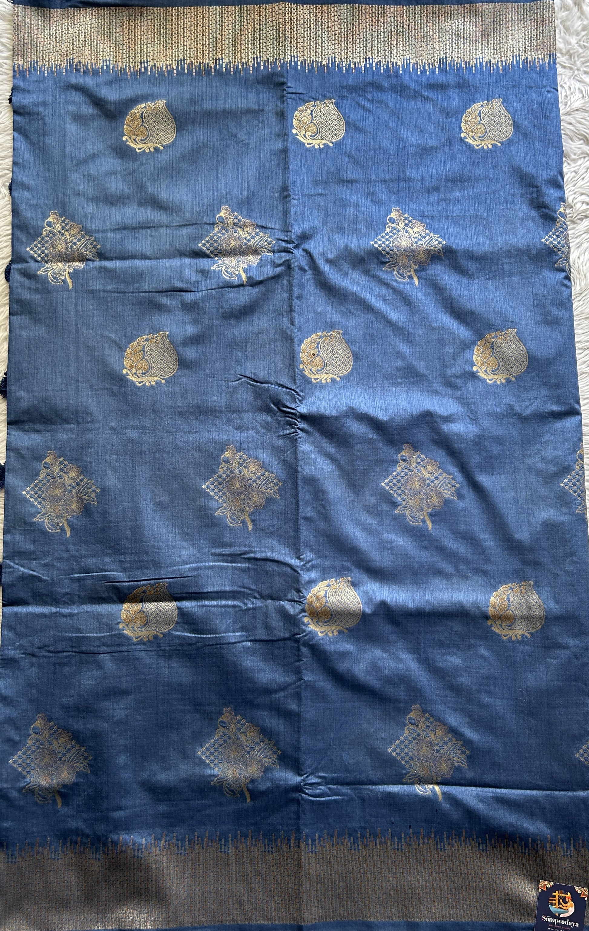 Semi Raw Silk Saree Ink Blue Colored Complemented with a Zari Border. - Sampradaya Designer Studio
