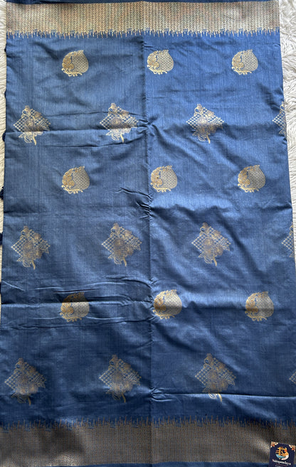 Semi Raw Silk Saree Ink Blue Colored Complemented with a Zari Border. - Sampradaya Designer Studio