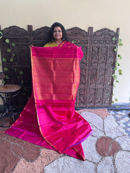 Pure Kanjivaram Silk Saree | Rani Pink With Gold Zari Border | Handloom | Silk Mark Certified