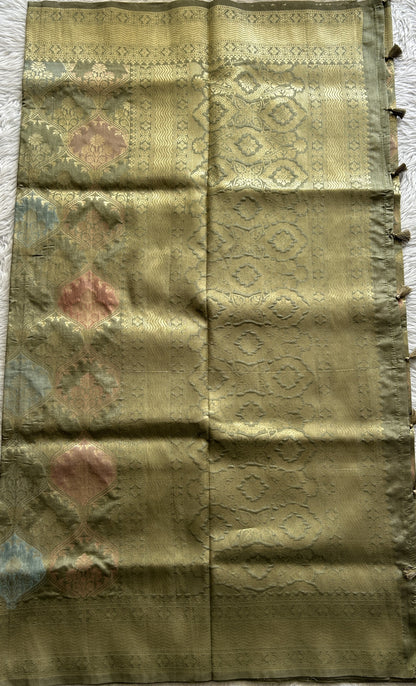 Semi Raw Silk Saree Olive Green Colored Complemented with a Zari Border. - Sampradaya Designer Studio