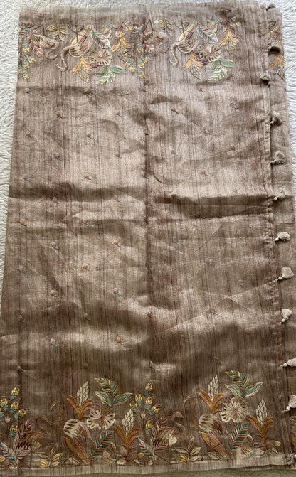 Semi Tussar Saree Light Brown Colored Elegantly Paired with a Borderless. - Sampradaya Designer Studio