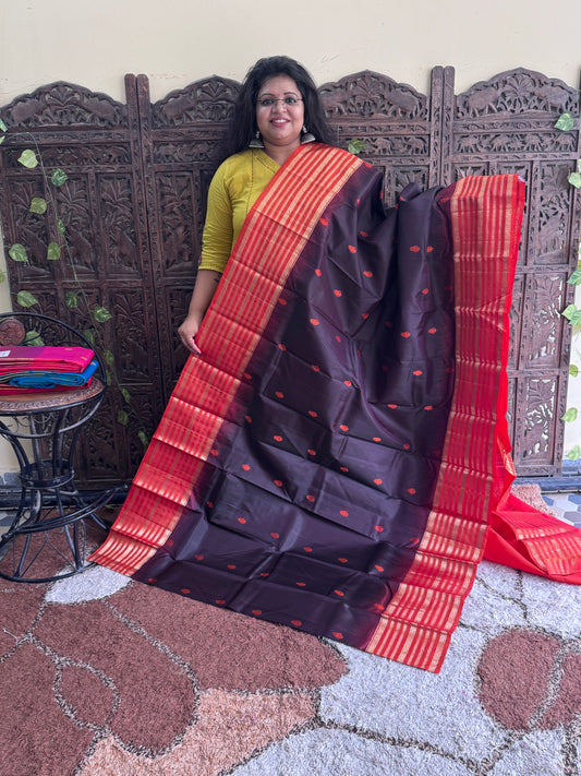 Pure Kanjivaram Silk Saree | Brown With Gold Zari Border | Handloom | Silk Mark Certified