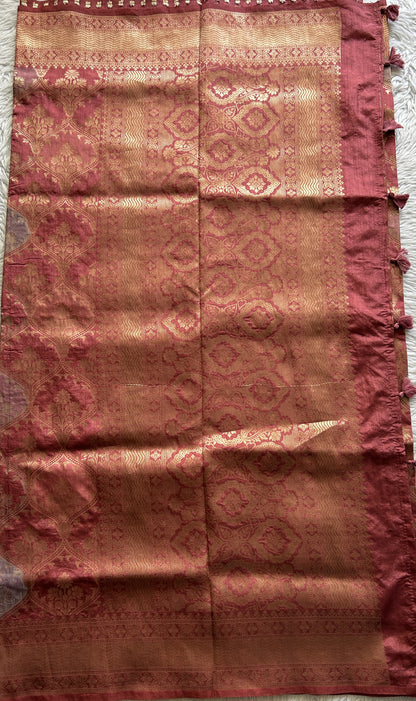 Semi Raw Silk Saree Rose Pink Colored Complemented with a Zari Border. - Sampradaya Designer Studio