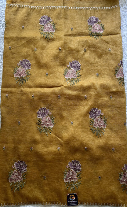 Banarasi Fancy Crushed Saree Dark Mustard Colored Complemented with a Borderless. - Sampradaya Designer Studio