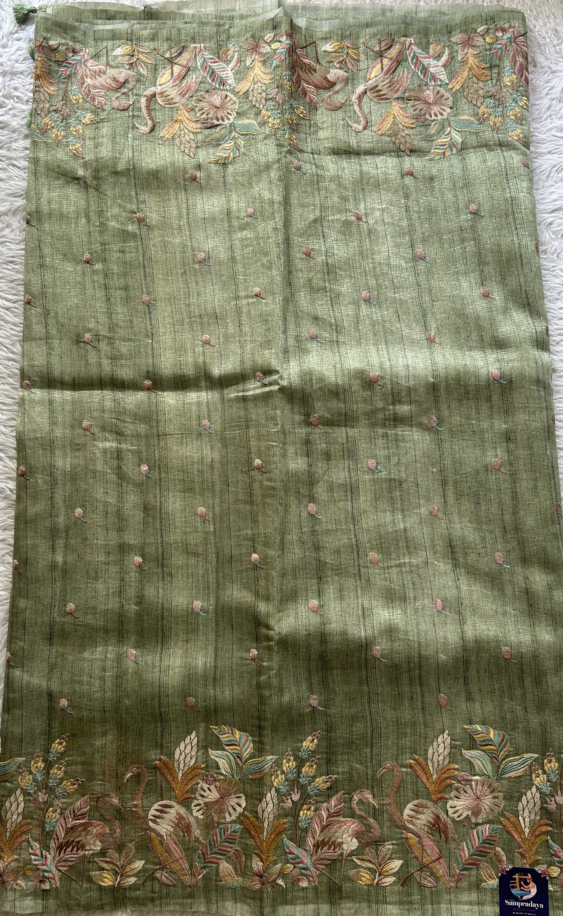 Semi Tussar Saree Light Green Colored Elegantly Paired with a Borderless. - Sampradaya Designer Studio