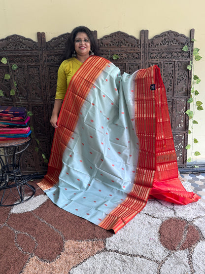Pure Kanjivaram Silk Saree | Ice Blue With Gold Zari Border | Handloom | Silk Mark Certified