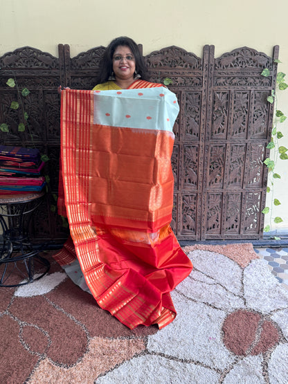 Pure Kanjivaram Silk Saree | Ice Blue With Gold Zari Border | Handloom | Silk Mark Certified