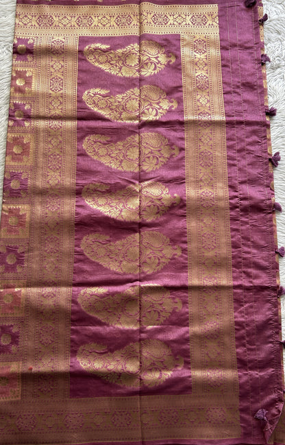 Semi Raw Silk Saree Pink Colored Complemented with a Zari Border. - Sampradaya Designer Studio