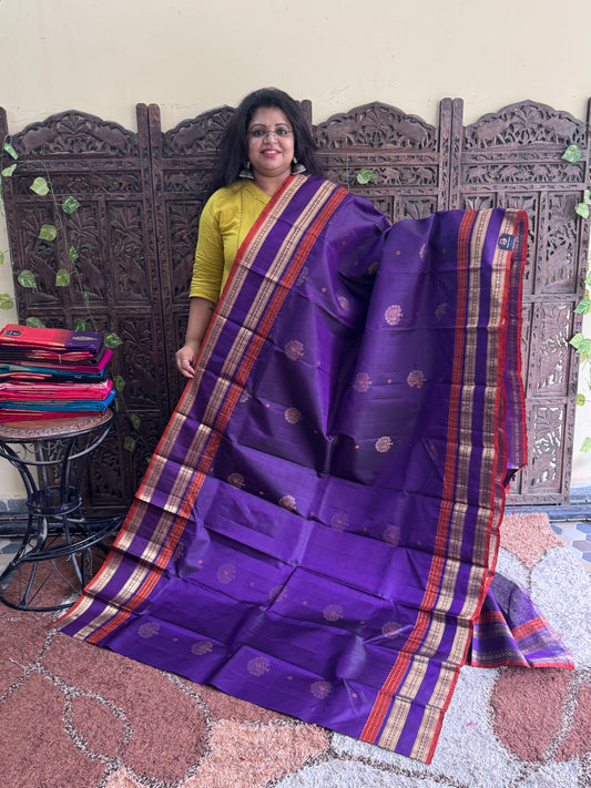 Violet Pure Kanjivaram Silk Saree | Gap Border With Peacock Butta | Handloom | Silk Mark Certified