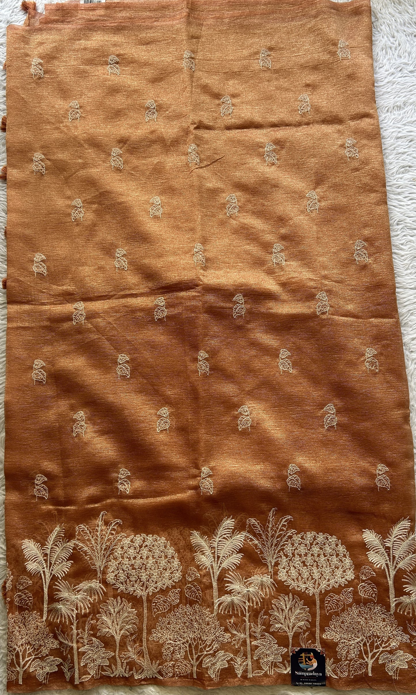 Banarasi Fancy Crushed Saree Salmon Colored Complemented with a Borderless. - Sampradaya Designer Studio