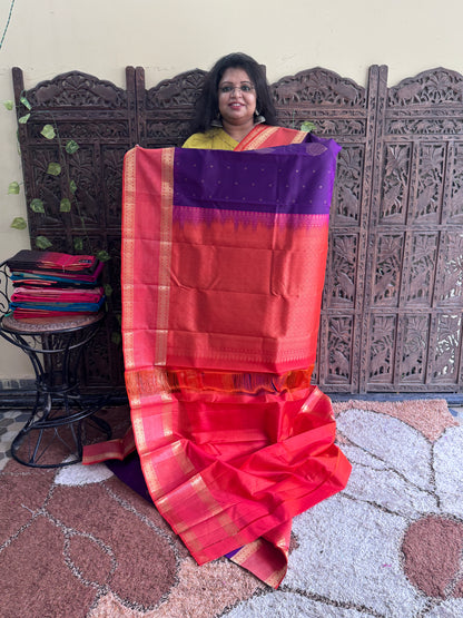 Pure Kanjivaram Silk Saree |  Violet With Gold Zari Border | Handloom | Silk Mark Certified