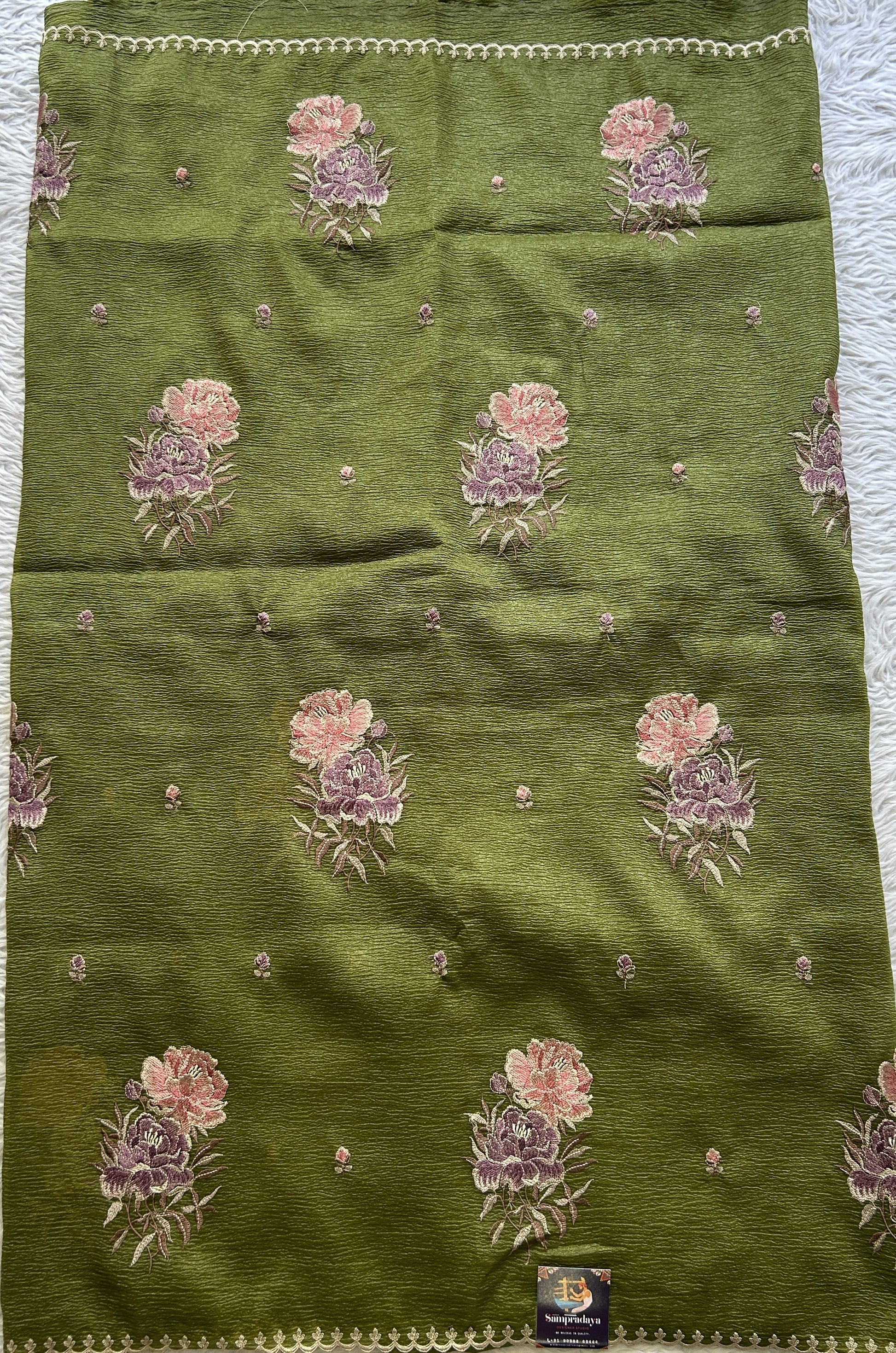 Banarasi Fancy Crushed Saree Olive Green Colored Complemented with a Borderless. - Sampradaya Designer Studio