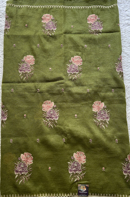 Banarasi Fancy Crushed Saree Olive Green Colored Complemented with a Borderless. - Sampradaya Designer Studio
