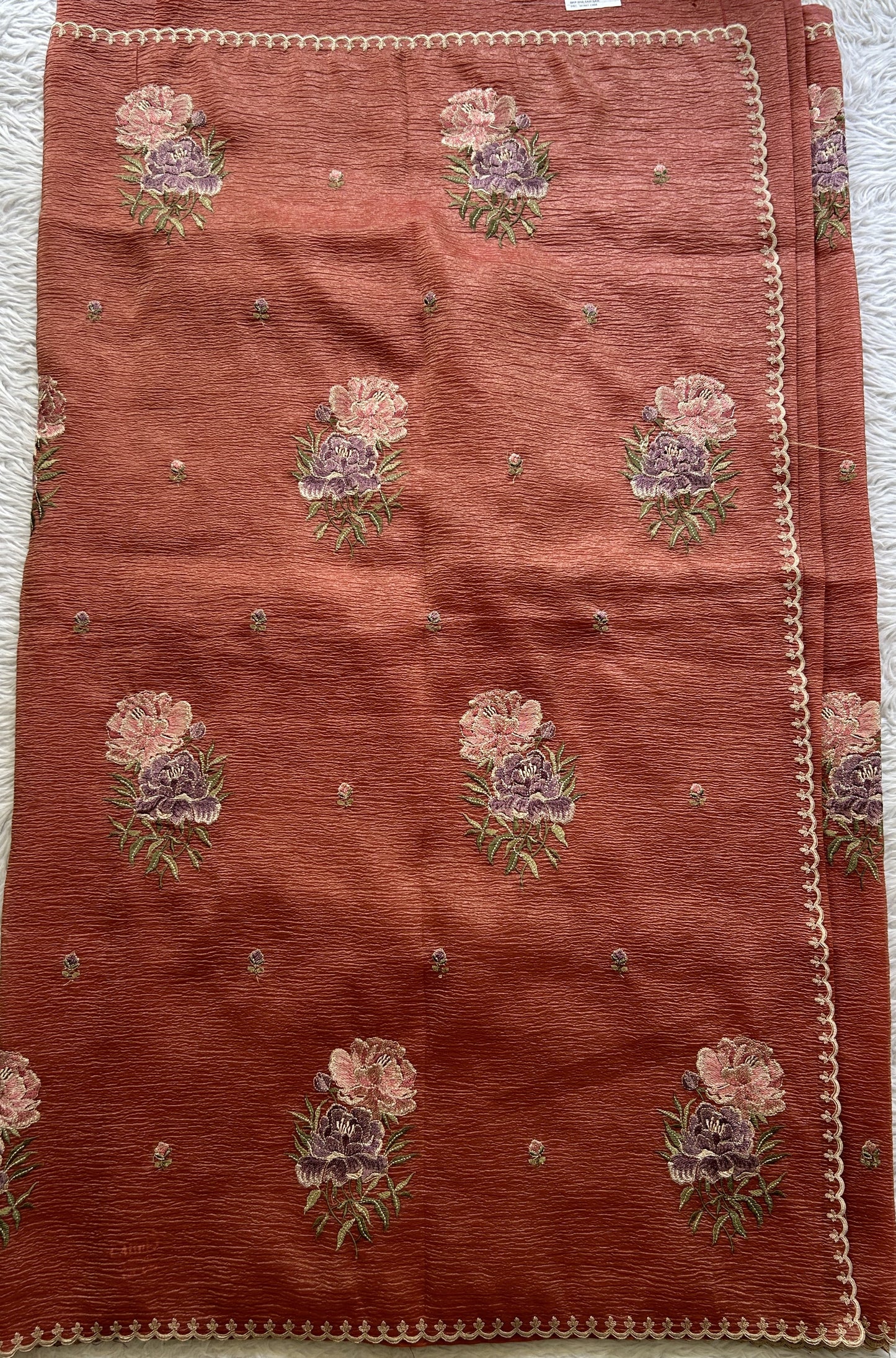 Banarasi Fancy Crushed Saree Peach Orange Colored Complemented with a Borderless. - Sampradaya Designer Studio