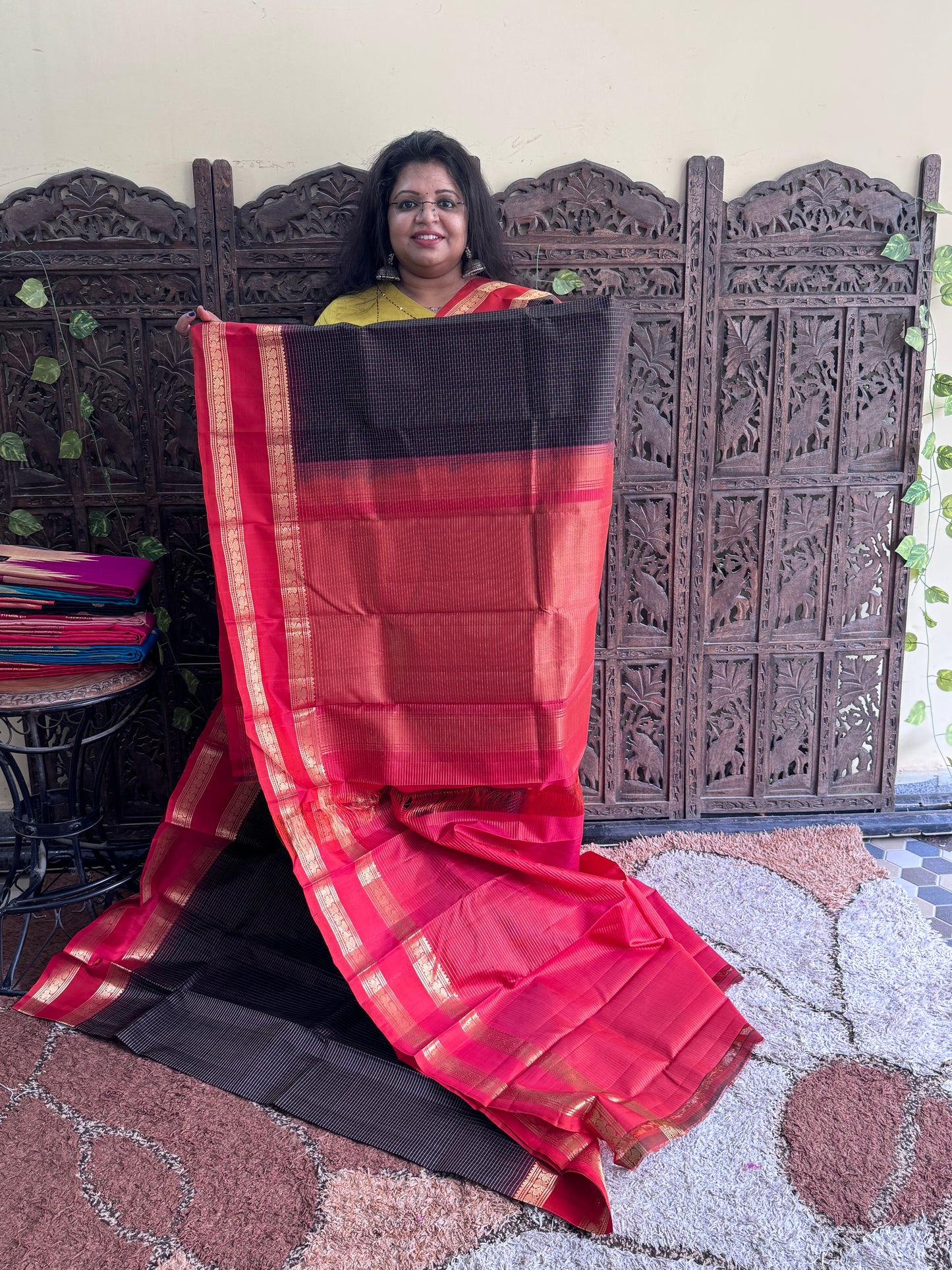 Black Green Pure Kanjivaram Silk Saree | Gap Border With Peacock Butta | Handloom | Silk Mark Certified