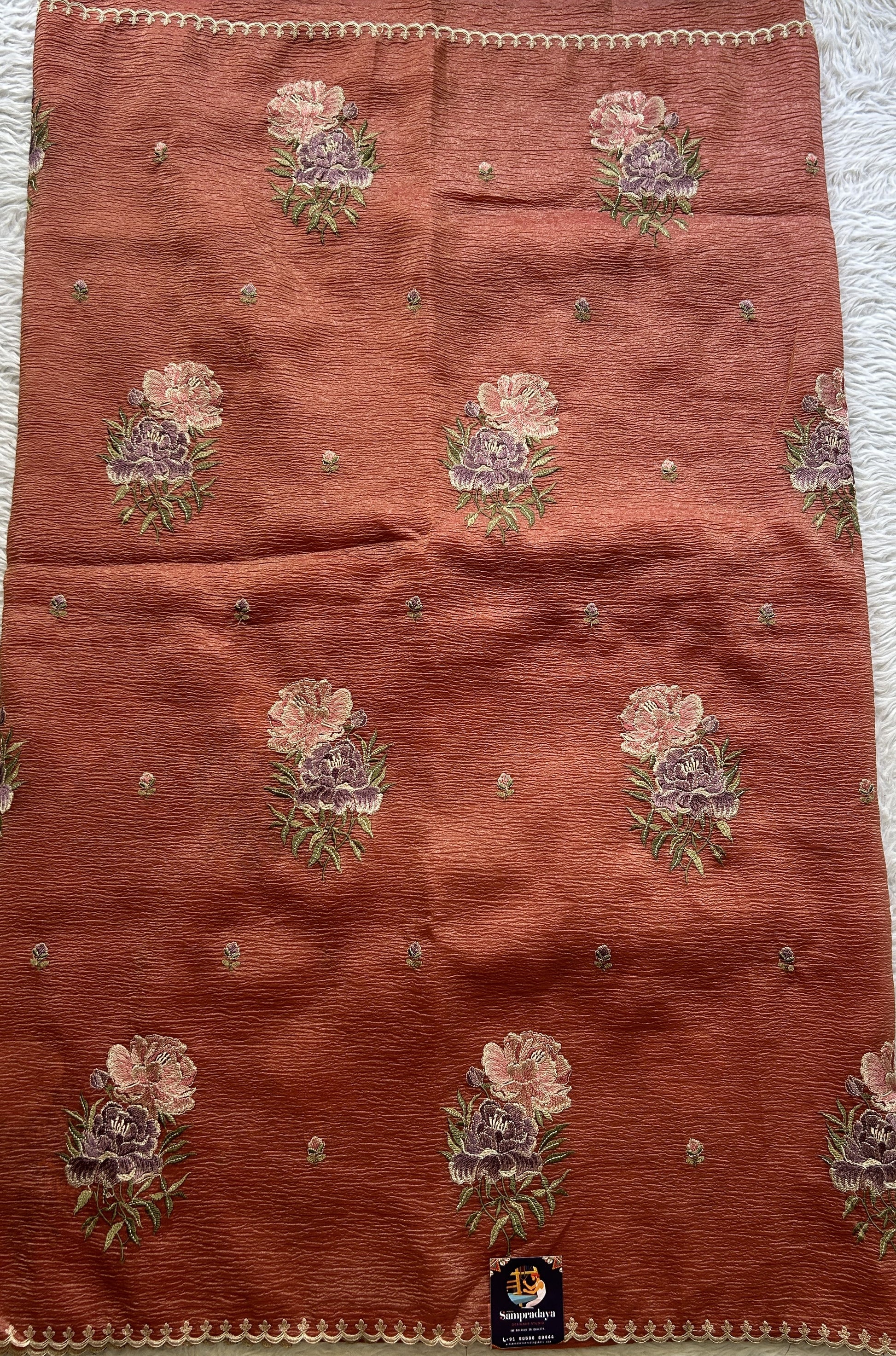 Banarasi Fancy Crushed Saree Peach Orange Colored Complemented with a Borderless. - Sampradaya Designer Studio