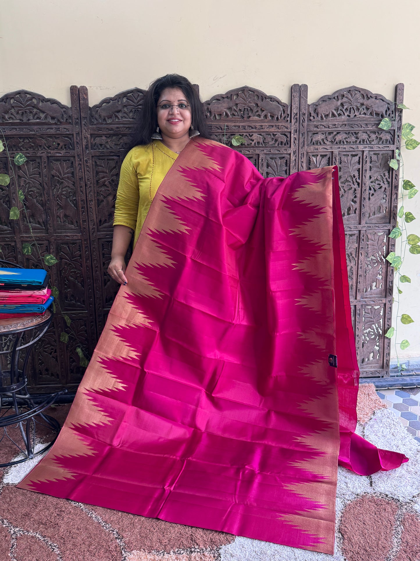Pure Kanjivaram Silk Saree | Rani Pink With Gold Zari Border | Handloom | Silk Mark Certified