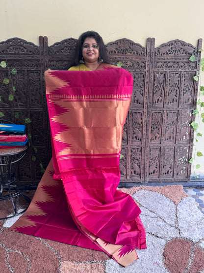 Pure Kanjivaram Silk Saree | Rani Pink With Gold Zari Border | Handloom | Silk Mark Certified