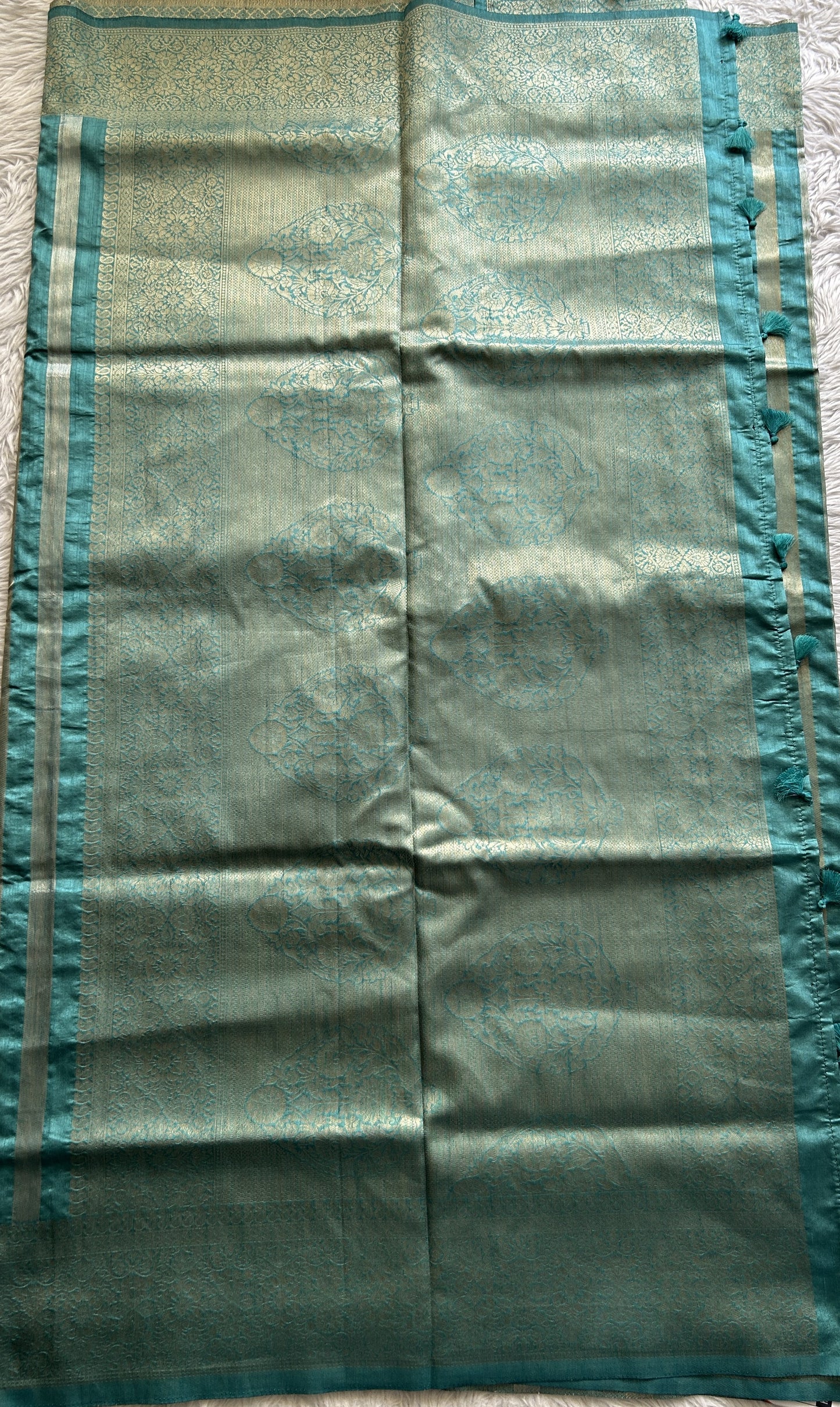 Semi Raw Silk Saree Sea Blue Colored Complemented with a Zari Border. - Sampradaya Designer Studio
