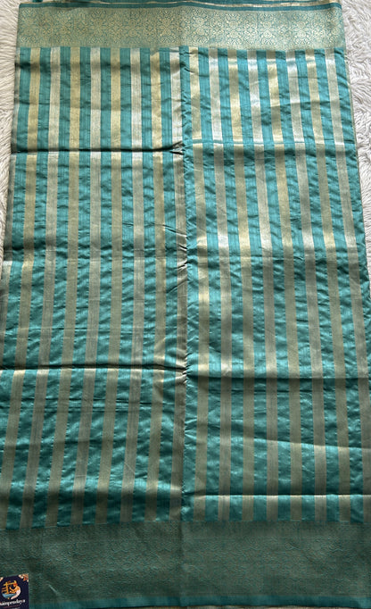 Semi Raw Silk Saree Sea Blue Colored Complemented with a Zari Border. - Sampradaya Designer Studio