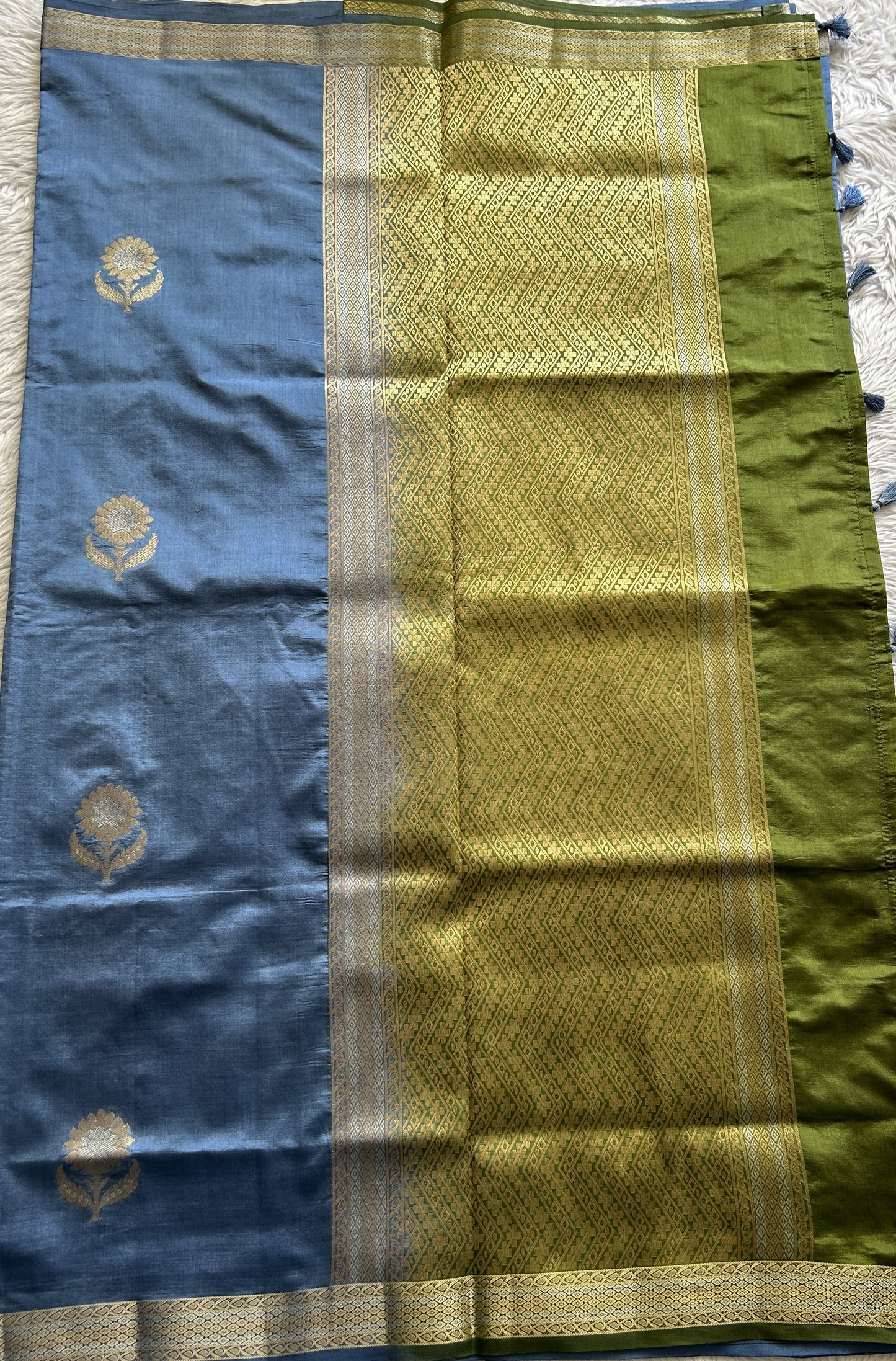 Semi Raw Silk Saree Blue Colored Complemented with a Zari Border. - Sampradaya Designer Studio