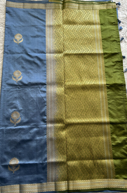 Semi Raw Silk Saree Blue Colored Complemented with a Zari Border. - Sampradaya Designer Studio