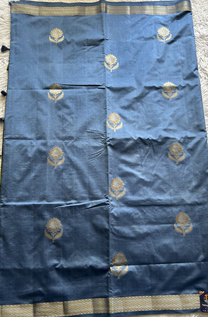 Semi Raw Silk Saree Blue Colored Complemented with a Zari Border. - Sampradaya Designer Studio