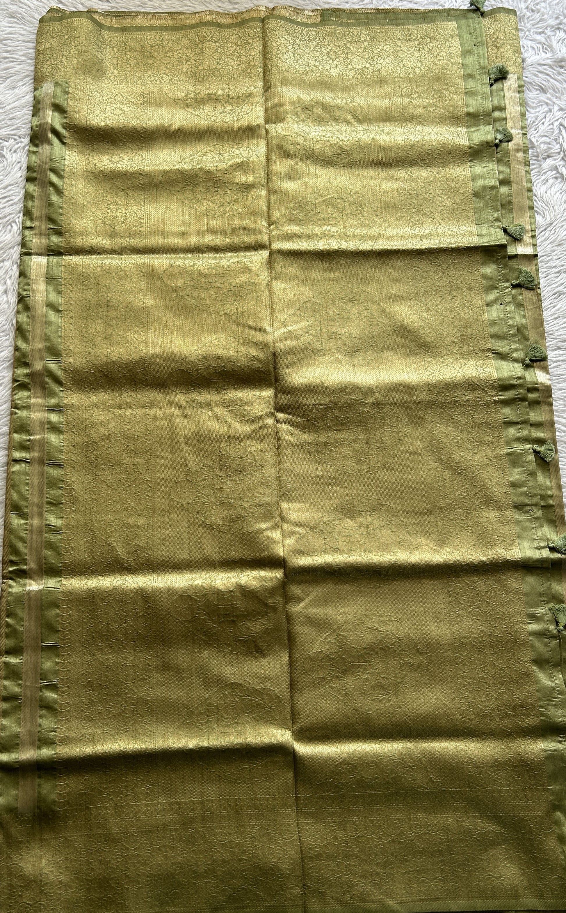 Semi Raw Silk Saree Parrot Green Colored Complemented with a Zari Border. - Sampradaya Designer Studio