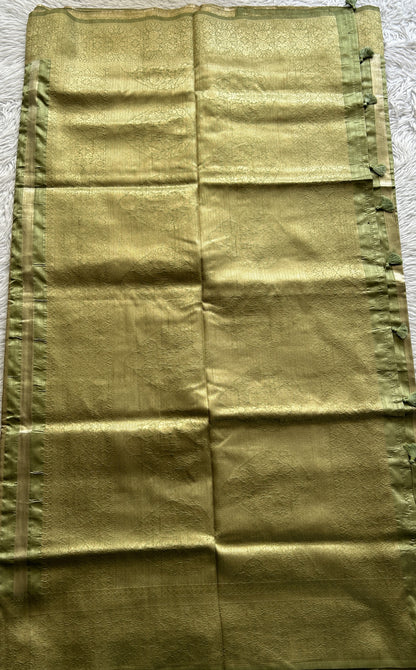 Semi Raw Silk Saree Parrot Green Colored Complemented with a Zari Border. - Sampradaya Designer Studio