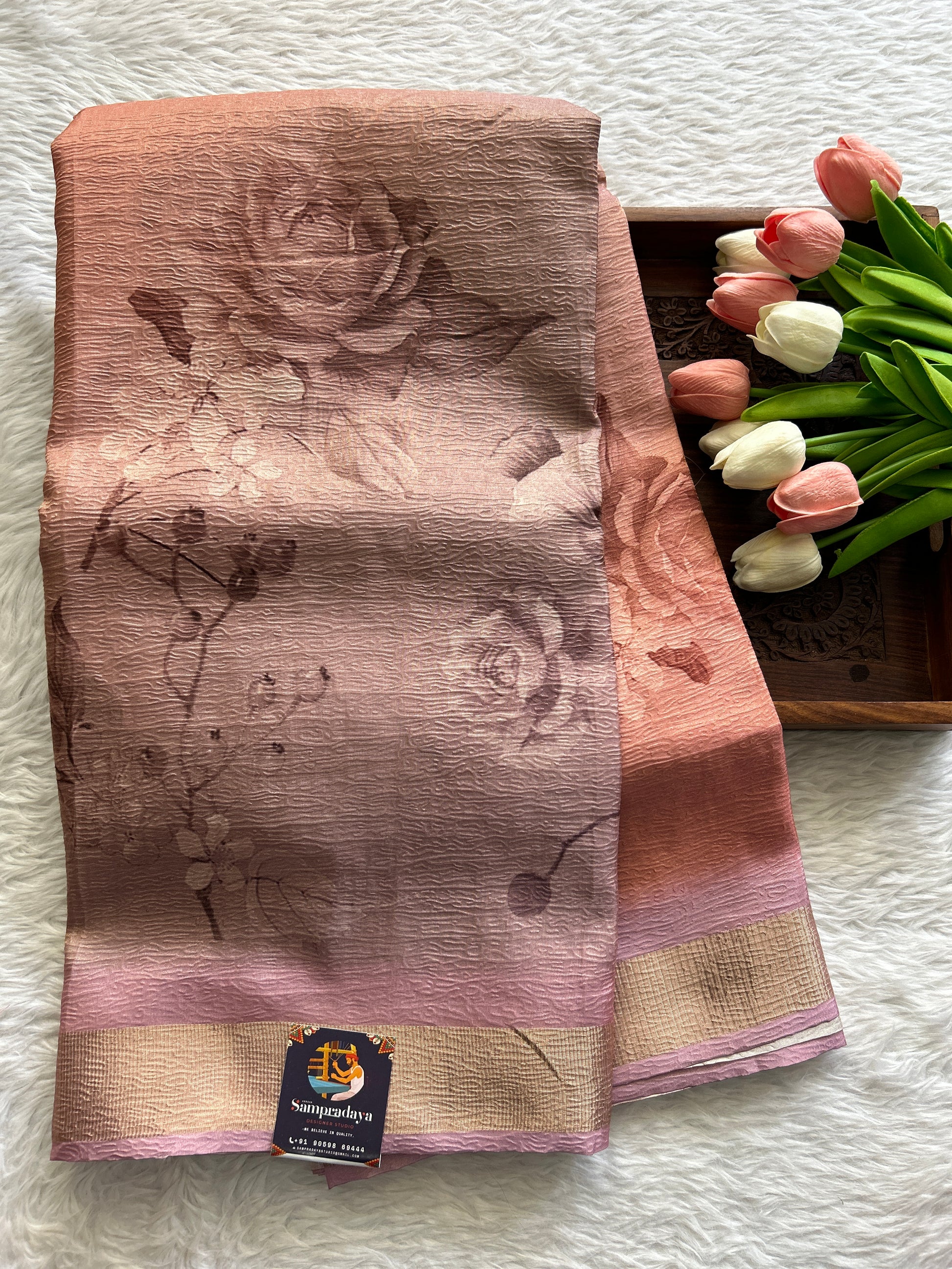 Banarasi Fancy Crushed Saree Peach Colored Complemented with a Lavender Color Zari Border. - Sampradaya Designer Studio